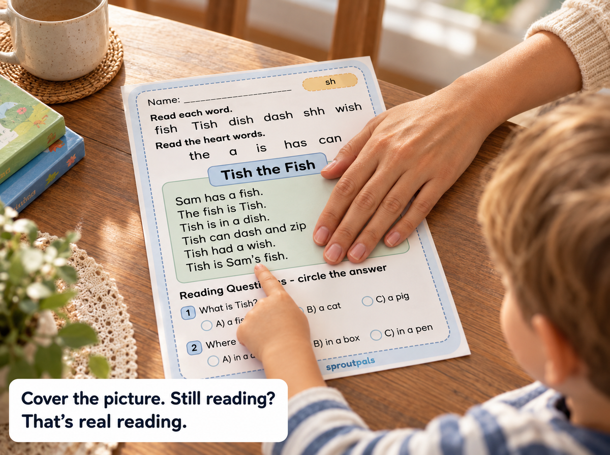 A child practicing reading with a covered picture worksheet