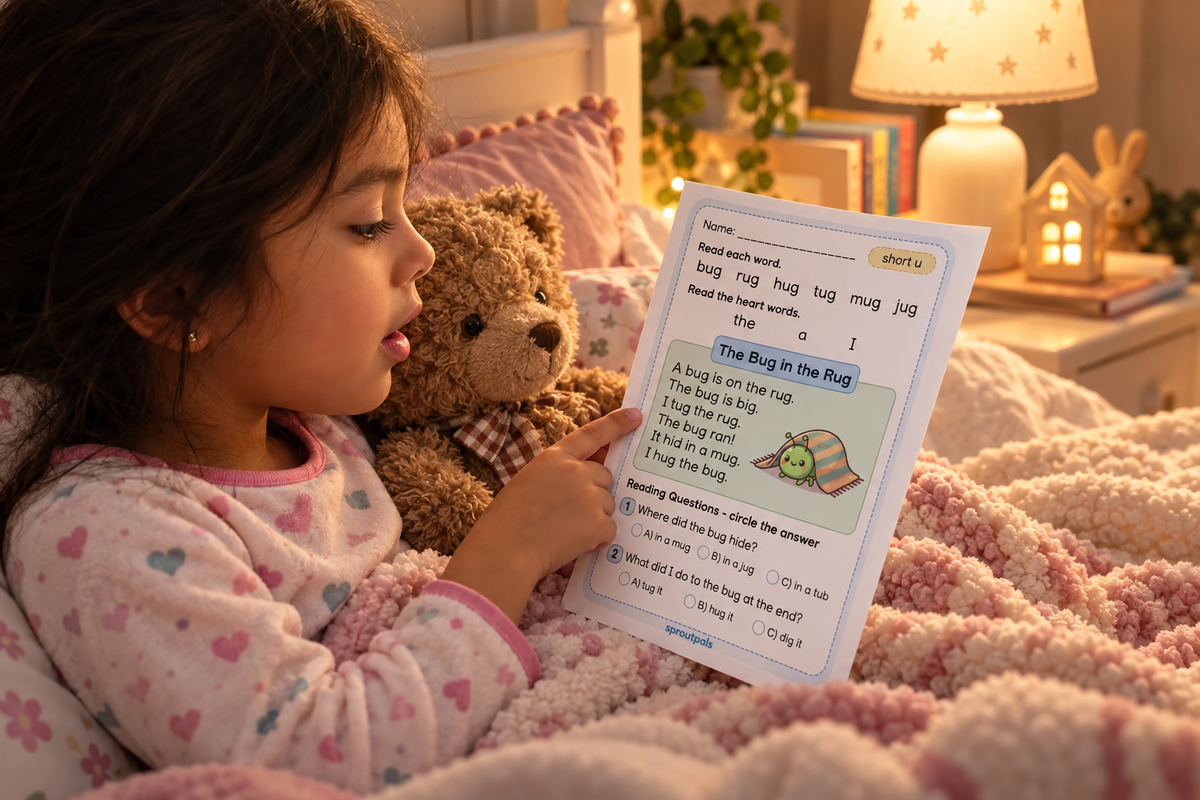 Child reading a printable worksheet beside a teddy bear at bedtime