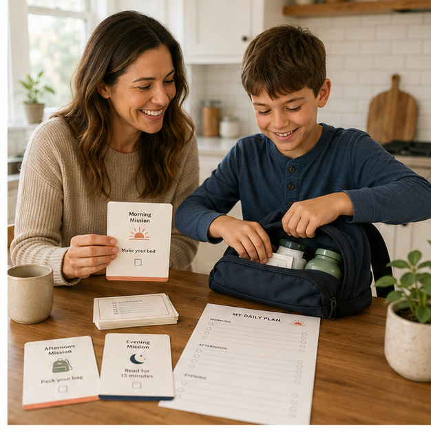 Parent and child practicing a five-minute independence mission